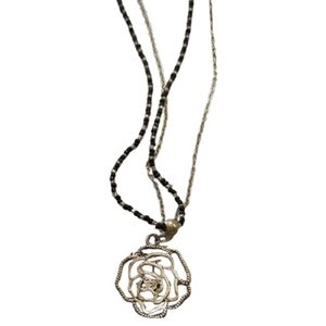 Vintage New Silver and Black Rose Pendant Necklace Bead And Chain Strands